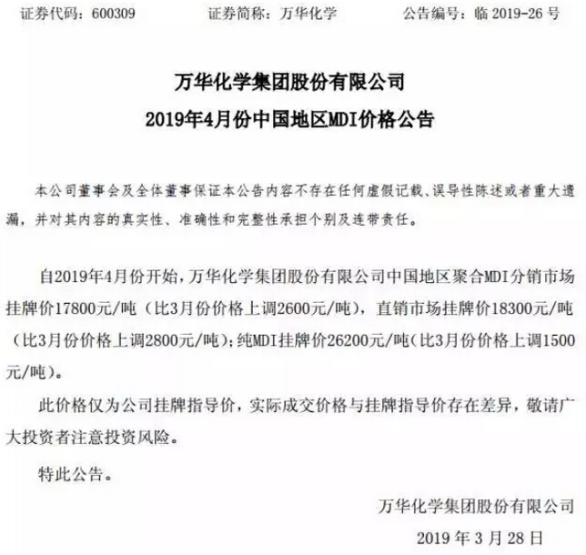 万华化学MDI价格公告